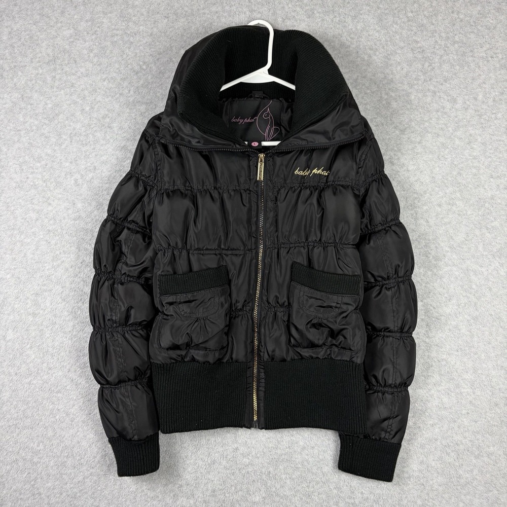 Baby Phat Jacket‎ Women's Large Black Puffer Full Zip High Neck Ribbed Y2K Coat
